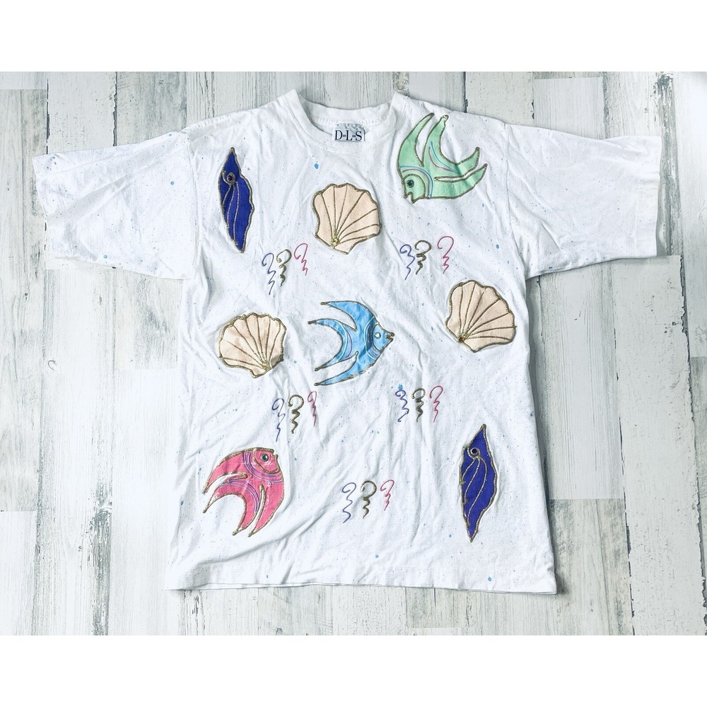 Vintage 80s Seashell Tee Fish Puffyā Paint Embellished Tunic Shirt Large Beach